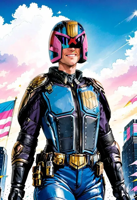 Tarot Card Style, AgendaMix Style, Judge dredd, helmet, 2000ad style, Garth Ennis, Transgender Dredd, 1girl, belt, blue jacket, blue pants, choker, denim, earrings, flag, gloves, headband, holding, holding flag, jacket, jeans, jewelry, looking at viewer, open clothes, open jacket, outdoors, pants, parted lips, purple eyes, shirt, short hair, sky, smile, solo, torn clothes, torn pants, white gloves, white shirt, (flat colors, retro anime, transgender pastel colors), masterpiece, best quality, Dredd1024
