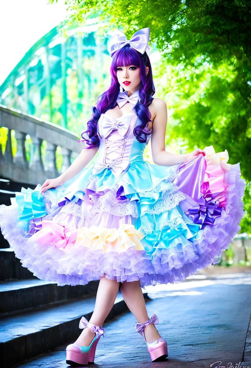 (latex theme, latex tafashion:1), (latex magical girl, long hair, multicolored hair:1.2), (pastel frilly latex lolishion dress:1.2), (lace gloves, multilayered dress:1), (shiny glossy translucent clothing, gleaming oily latex fabric:1.1), soft lighting, (cute shoes, latex shoes, shoes focus, bobby socks:1.2), (many frills, many big bows, lace:1.3), (glossy lipstick, eyeshadow, mascara, bimbo makeup:1.2), (sitting on latex sofa:1.3), (sparkling hair, sparkling clothes, sparkling eyes:1.1),
