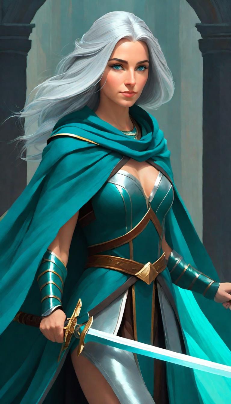 A woman in a blue dress holding a sword and a sword - SeaArt AI