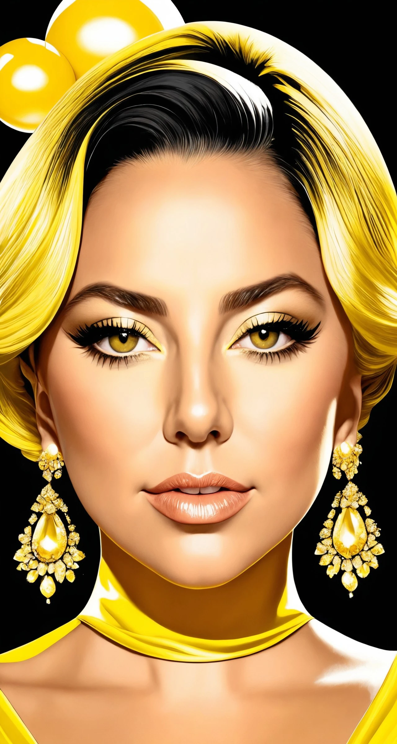 sassy style, ([Charlize Theron|karlee grey|lady gaga]:0.9) middle shot, , 
[cartoon, drawing, anime :realistic, real life, hyper realistic:0.15],,,
, symmetrical face, , , cromulent,
beautifully detailed masterpiece will highlight her agility and quick wit, digital painting, dressed in her iconic yellow ball gown,
, , detailed,