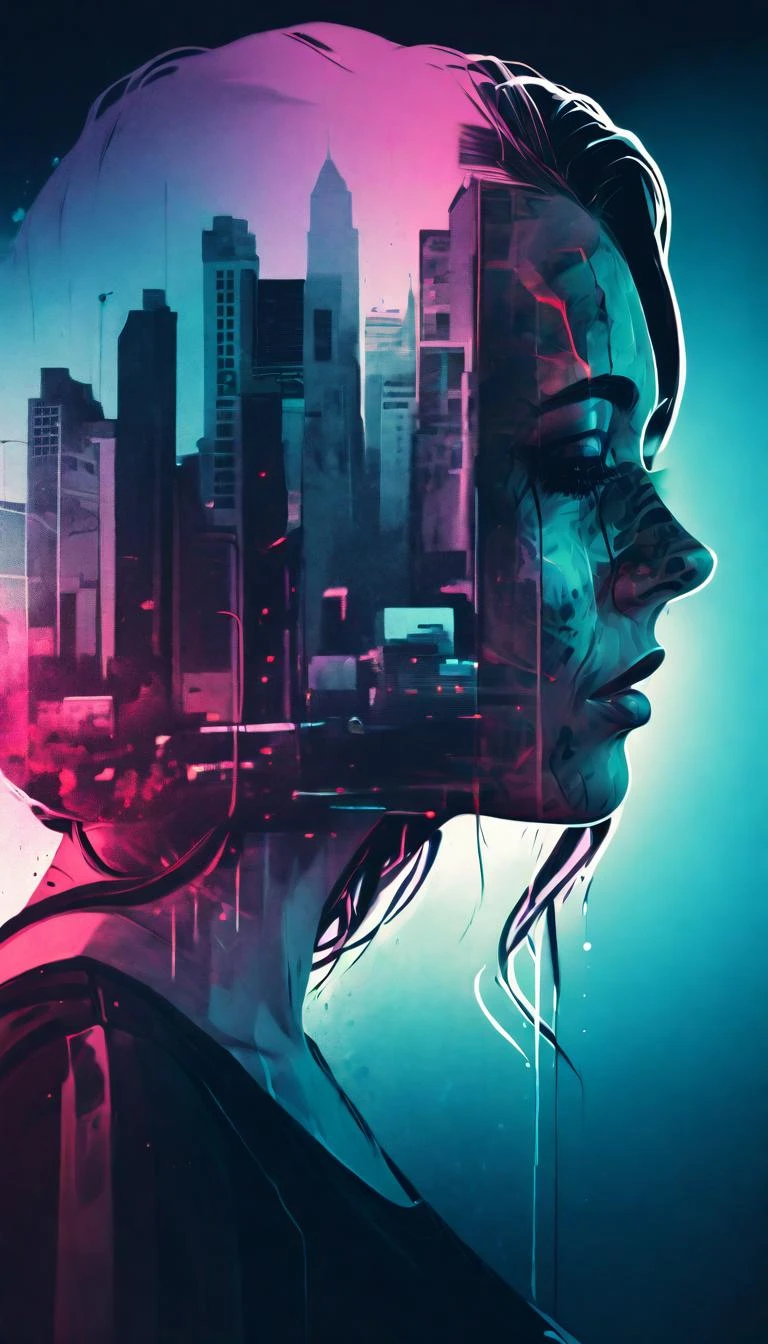 (double exposure:1.3) , Digital artwork, Spray paint style, 8k, petite Woman, Graphic novel