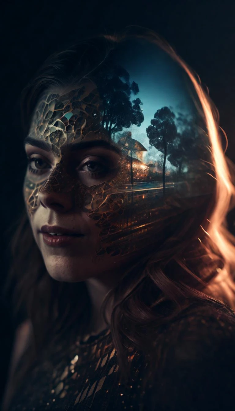 (double exposure:1.3) , 3D Rendering, Raw digital photo, Fractal, pleasant Female Sister, Movie still, moody lighting, Canon R5, Selective focus