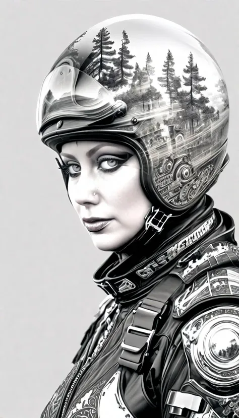 (double exposure:1.3) , Drawing, Fractal, Rachael, fearful, Countess, Rachael is wearing Czech Motorcycle gear, 800mm lens