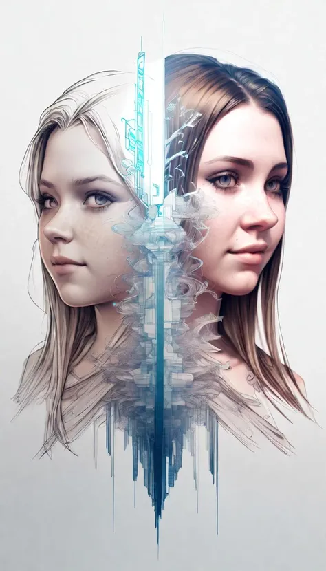 (double exposure:1.3) , Drawing, Technical illustration, Renderman, 2 girls - Seraphim