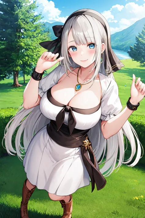 masterpiece, best quality, MyleneHFV4, 1girl, solo, looking at viewer, smile, dress, cleavage, jewelry, upperbody, hairband, blue hairband, blush, boots, necklace, white dress, brown footwear, blunt bangs, <lora:MyleneHFV4-10:1>