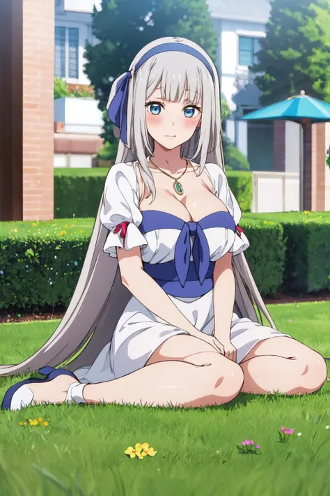 masterpiece, best quality, MyleneHFV4, 1girl, solo, dress, cleavage, jewelry, hairband, blue hairband, blush, necklace, white dress, sitting, anime coloring, outdoors, very long hair, full body, <lora:MyleneHFV4-10:0.8>