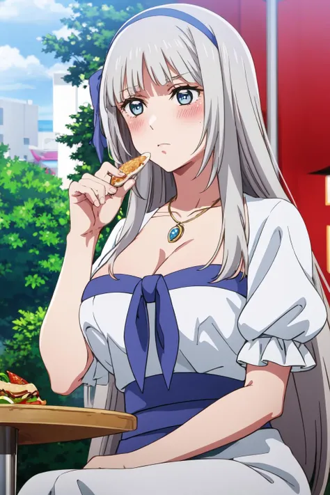 masterpiece, best quality, MyleneHFV4, 1girl, solo, dress, cleavage, jewelry, upperbody, hairband, blue hairband, blush, necklace, white dress, sitting, anime coloring, outdoors, restaurant, <lora:MyleneHFV4-10:1>