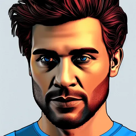 dskyart1, digital art, duskfall crew style, comic book style, flat colors, digital colors, portrait,  a man with black and red hair, stubble, blue eyes, blue cyberpunk shirt, looking at the camera,  very detailed faces,   dskyart1