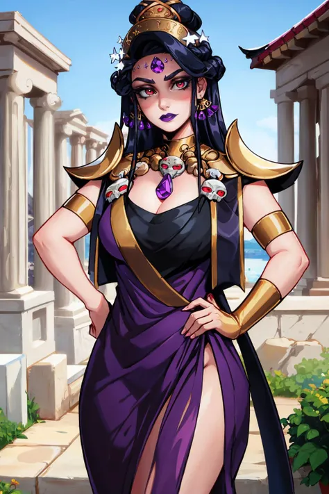 masterpiece, best quality, 1girl, solo, looking at viewer, breasts,  <lora:nyx-guy-v2:1>, nyx, grey skin, earrings, jewelry, makeup, purple lips, dress, necklace, forehead jewel, shoulder armor, purple dress, hair ornament, cleavage, skull, outdoors, depth of field, temple, greek architecture, hands on hips,