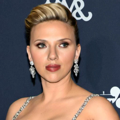 <lora:scarjo_loha:1>sc4rj0, scarlett johansson, 1girl, solo, earrings, jewelry, realistic, blonde hair, dress, lips, upper body, looking at viewer, parted lips, short hair, bare shoulders