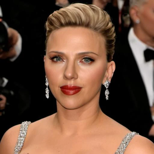 <lora:scarjo_loha:1>sc4rj0, scarlett johansson, 1girl, solo, earrings, jewelry, realistic, blonde hair, dress, lips, upper body, looking at viewer, parted lips, short hair, bare shoulders