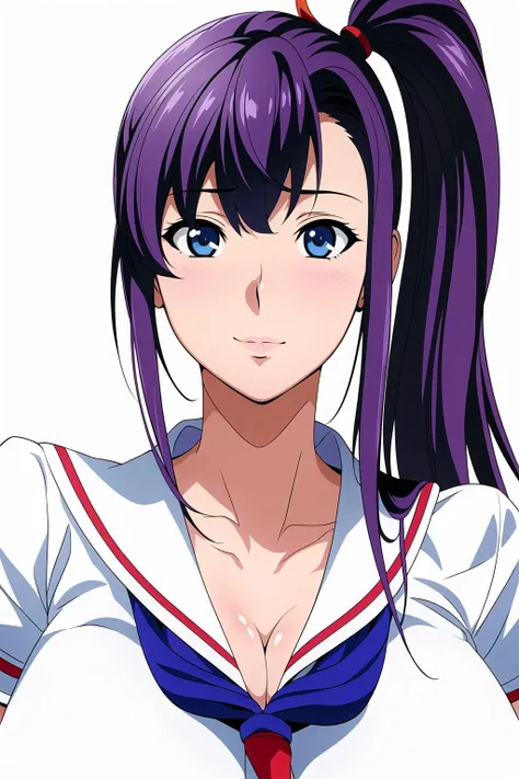 Simple White Background,
Blue sailor collar,school uniform, serafuku, short sleeves, 
Red neckerchief,White shirt,
<lora:Haruko_Amaya_MakenKi-KK77-V1:0.7>,
Blue eyes, Purple hair, bangs,side ponytail, Hair ornament, 
<lora:Oda_Non_Style-KK77-V2:0.3>,<lora:more_details:0.1>,
1 girl, 20yo,Young female,Beautiful Finger,Beautiful long legs,Beautiful body,
Beautiful Nose,Beautiful character design, perfect eyes, perfect face,expressive eyes,perfect balance,
looking at viewer,(Focus on her face),closed mouth, (innocent_big_eyes:1.0),(Light_Smile:0.3),
official art,extremely detailed CG unity 8k wallpaper, perfect lighting,Colorful, Bright_Front_face_Lighting,White skin,
(masterpiece:1.0),(best_quality:1.0), ultra high res,4K,ultra-detailed,
photography, 8K, HDR, highres, absurdres:1.2, Kodak portra 400, film grain, blurry background, bokeh:1.2, lens flare, (vibrant_color:1.2),professional photograph,
(Beautiful,large_Breasts:1.4), (beautiful_face:1.5),(narrow_waist),