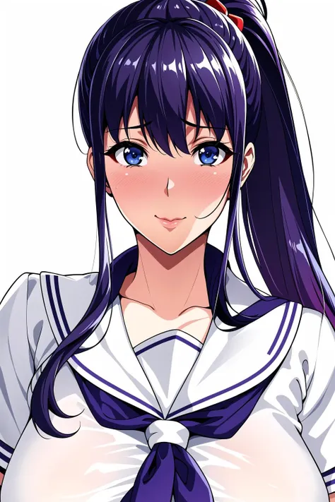 Simple White Background,
Blue sailor collar,school uniform, serafuku, short sleeves,
Red neckerchief,White shirt,
<lora:Haruko_Amaya_MakenKiManga-KK77-V2:0.7>,
Blue eyes, Purple hair, bangs,side ponytail, Hair ornament,
<lora:Oda_Non_Style-KK77-V2:0.3>,<lora:more_details:0.1>,
1 girl, 20yo,Young female,Beautiful Finger,Beautiful long legs,Beautiful body,
Beautiful Nose,Beautiful character design, perfect eyes, perfect face,expressive eyes,perfect balance,
looking at viewer,(Focus on her face),closed mouth, (innocent_big_eyes:1.0),(Light_Smile:0.3),
official art,extremely detailed CG unity 8k wallpaper, perfect lighting,Colorful, Bright_Front_face_Lighting,White skin,
(masterpiece:1.0),(best_quality:1.0), ultra high res,4K,ultra-detailed,
photography, 8K, HDR, highres, absurdres:1.2, Kodak portra 400, film grain, blurry background, bokeh:1.2, lens flare, (vibrant_color:1.2),professional photograph,
(Beautiful,large_Breasts:1.4), (beautiful_face:1.5),(narrow_waist),