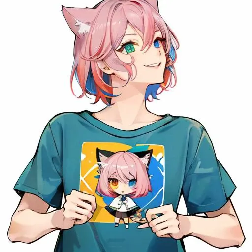 1girl, solo, (twitch emote:1), chibi, short hair,(smile),  heterochromia, pink hair, wearing a t-shirt, cat ears ,  cartoon, white background, sticker,  <lora:twitchEmotesLORA_v13:.5> <lora:MiqoteUpdate:.5>