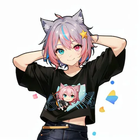 1girl, solo, (twitch emote:1), chibi, short hair,(smile), heterochromia, pink hair, wearing a t-shirt, cat ears , cartoon, white background, sticker, <lora:twitchEmotesLORA_v13:.5> <lora:MiqoteUpdate:.5>
