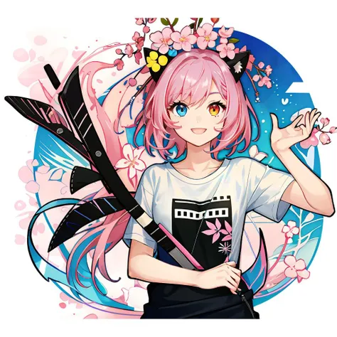 1girl, solo, (twitch emote:1), chibi, short hair,(smile), heterochromia, pink hair, wearing a t-shirt, cat ears , cartoon, white background, sticker, <lora:twitchEmotesLORA_v13:.5> <lora:MiqoteUpdate:.5>