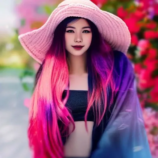 1girl, <lora:bardFashion_v10:.7> ,rainbow hair, sakura falling, perfect face, perfect eyes, summer breeze, tokyo background, art by artgerm ,