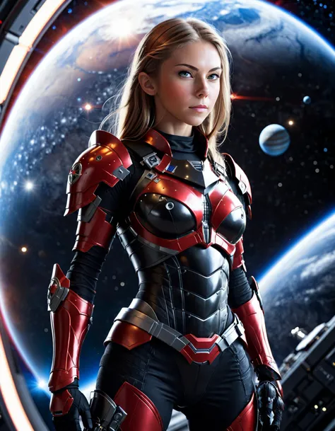 3D rendering, highly detailed, beautiful female warrior in black and red armor, heroic pose, space station background, stars and planets visible, high contrast, realistic textures, cinematic shot, dramatic lighting, photorealistic, intricate details, Blender, vast expanse, science fiction
 <lora:krystal_boyd_sdxl_50:0.7> krystal_boyd