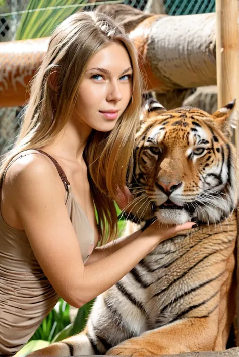 photo of Elegant happy krystal_boyd in a zoo, petting a tiger