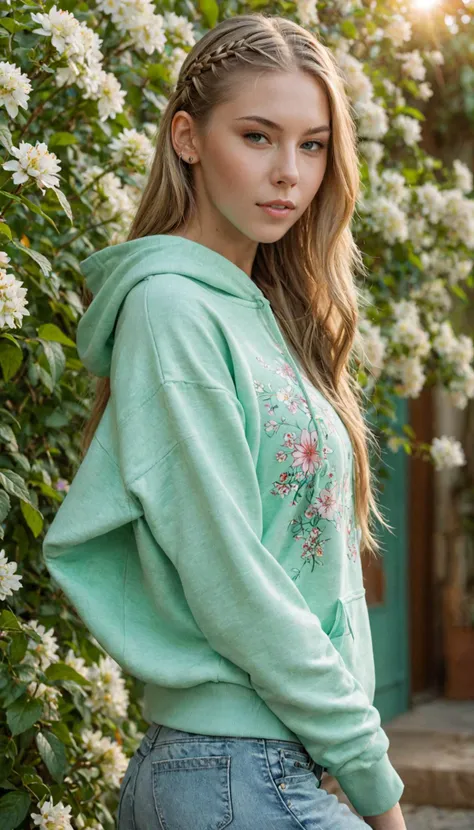 <lora:krystal_boyd_sdxl_50:0.5> krystal_boyd
high-definition image of a stylish girl with braided blonde hair, wearing a mint green hoodie and jeans, posing against a lively background with detailed floral patterns and soft glowing effects, ultra-detailed, 8k, high quality, artstation