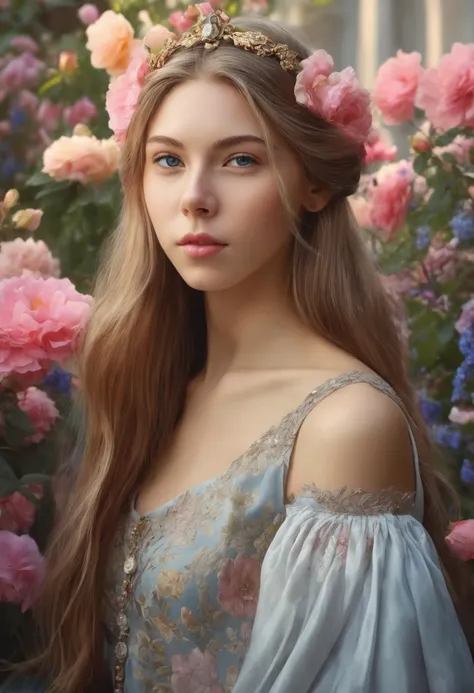 ds ultra detailed beautiful portrait painting of krystal_boyd in renaissance dress, by artgerm and wlop, hyperdetailed photorealism face, with flowers background, octane render, unreal engine 5, highly rendered, extreme detail, intricate, masterpiece, smooth, sharp focus, illustration, beeple, cinematic lighting<lora:krystal_boyd_sdxl_50:0.7>