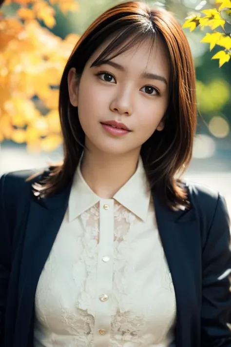 1girl,(wearing an a collared blouse and long jacket:1.2),(RAW photo, best quality), (realistic, photo-realistic:1.4), masterpiece, an extremely delicate and beautiful, extremely detailed, 2k wallpaper, Amazing, finely detail, extremely detailed CG unity 8k wallpaper, ultra-detailed, highres, soft light, beautiful detailed girl, extremely detailed eyes and face, beautiful detailed nose, beautiful detailed eyes,cinematic lighting,city lights at night,autumn scenery,maple leaves in autumn,in a park,park light,perfect anatomy,slender body,bokeh    <lora:nagatsukimidori_lora:0.8>,smile