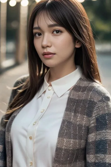 1girl,(wearing an a collared blouse and long jacket:1.2),(RAW photo, best quality), (realistic, photo-realistic:1.4), masterpiece, an extremely delicate and beautiful, extremely detailed, 2k wallpaper, Amazing, finely detail, extremely detailed CG unity 8k wallpaper, ultra-detailed, highres, soft light, beautiful detailed girl, extremely detailed eyes and face, beautiful detailed nose, beautiful detailed eyes,cinematic lighting,city lights at night,autumn scenery,maple leaves in autumn,in a park,park light,perfect anatomy,slender body,bokeh <lora:nagatsukimidori_lora:0.8>,smile