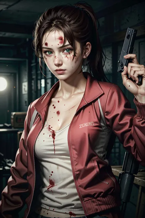 ZoeyLeft, 1girl, weapon, solo, gun, jacket, handgun, injury, green eyes, red jacket, dirty, shirt, blood, lips, bruise, pink jacket, brown hair, ponytail, white shirt
,masterpiece, best quality, cinematic lighting,
<lora:epi_noiseoffset2:1>, <lora:ZoeyLeft:0.7>