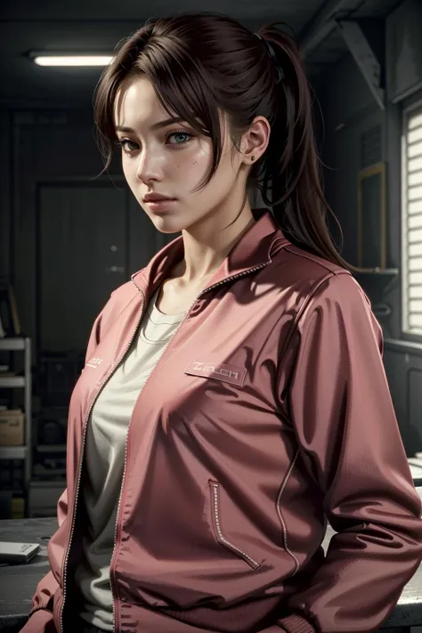 ZoeyLeft, solo, 1girl, realistic, long hair, jacket, upper body, lips, pink jacket, brown hair, ponytail, white shirt
,masterpiece, best quality, cinematic lighting, bloody