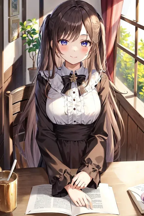 masterpiece, best_quality, 1girl, solo, table, smile