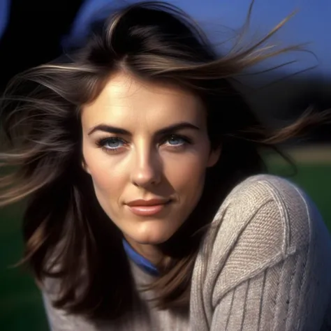 <lora:elizabethhurley_sdxl:1> elizabethhurley a woman wearing a sweater, hair blowing in the wind, jeans, outside, park , portrait, beautiful bone structure, (realistic, photo-realistic:1.37), ultra high res, ultra-detailed, incredibly beautiful girl, 8k uhd, dslr, soft lighting, high quality, film grain, Fujifilm XT3