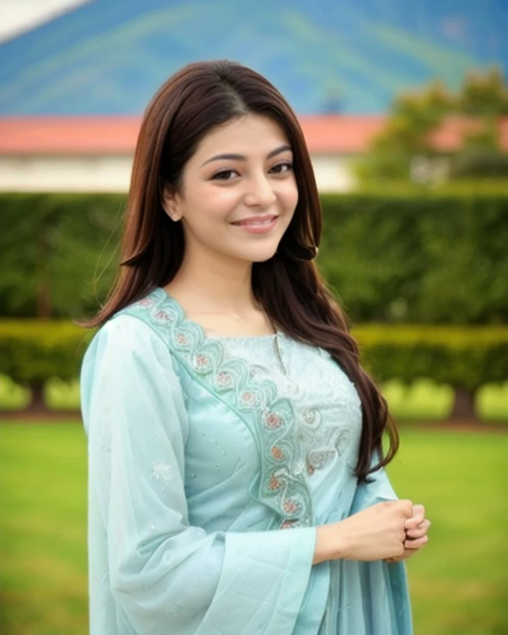 photo of kjag woman, conservatively dressed wearing high neck Sage clothing, looking at camera, laughing, simple background <lora:kjag_Kajal_Aggarwal_SD15_LoRA_prodigy_local_regs:1>