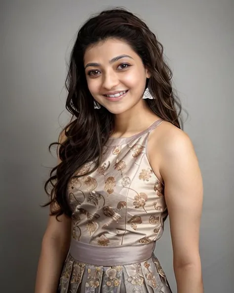 photo of kjag woman conservatively dressed woman wearing high neck Brown clothing, looking at camera, laughing, brown eyes, simple background  <lora:kjag_Kajal_Aggarwal_SD15_LoRA_prodigy_local_regs:1>