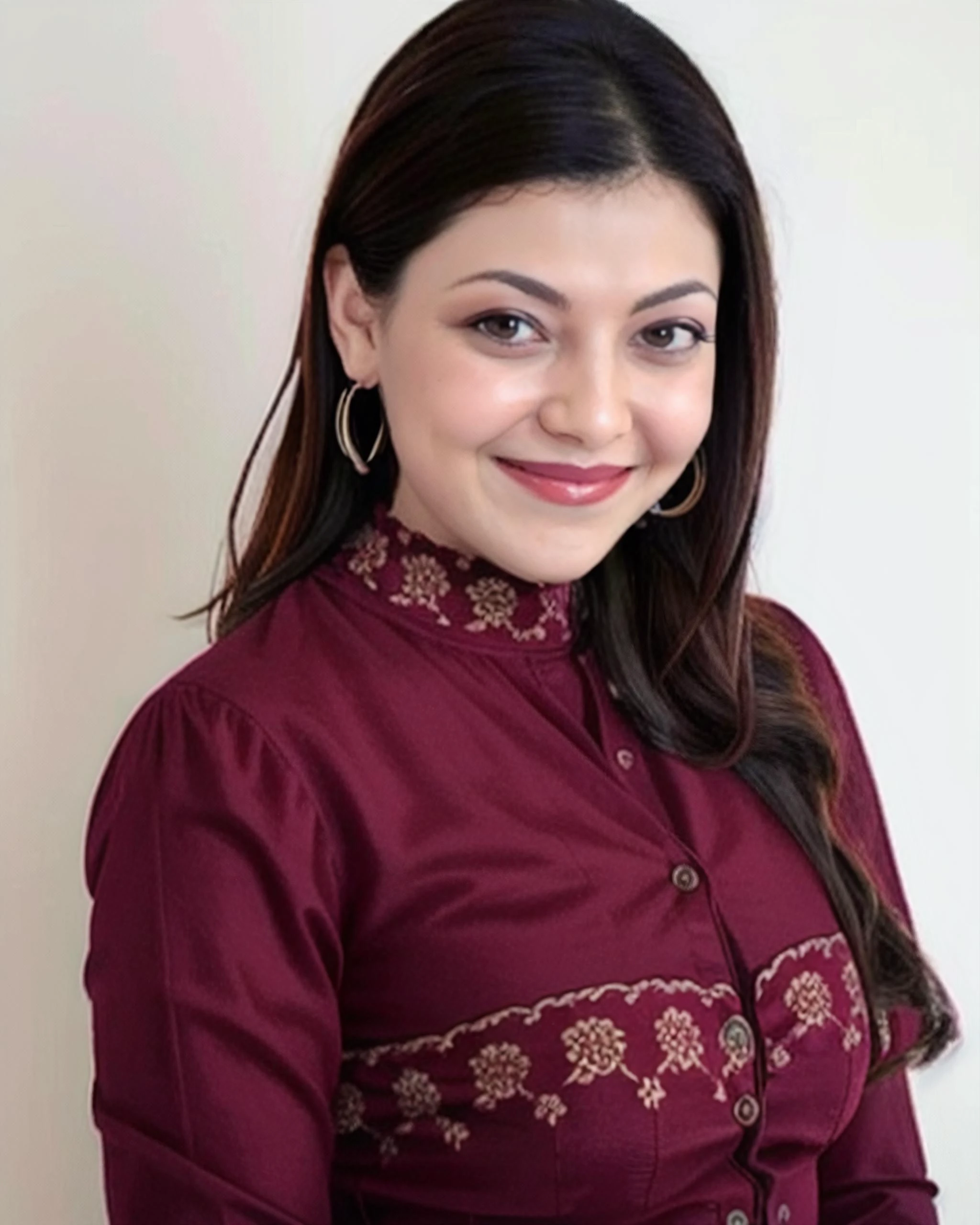 photo of kjag woman, conservatively dressed wearing high neck Burgundy clothing, looking at camera, smiling on face, simple background <lora:kjag_Kajal_Aggarwal_SD15_LoRA_prodigy_local_regs:1>