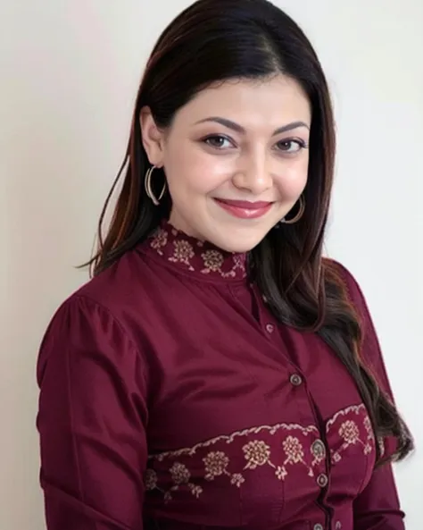 photo of kjag woman, conservatively dressed wearing high neck Burgundy clothing, looking at camera, smiling on face, simple background  <lora:kjag_Kajal_Aggarwal_SD15_LoRA_prodigy_local_regs:1>