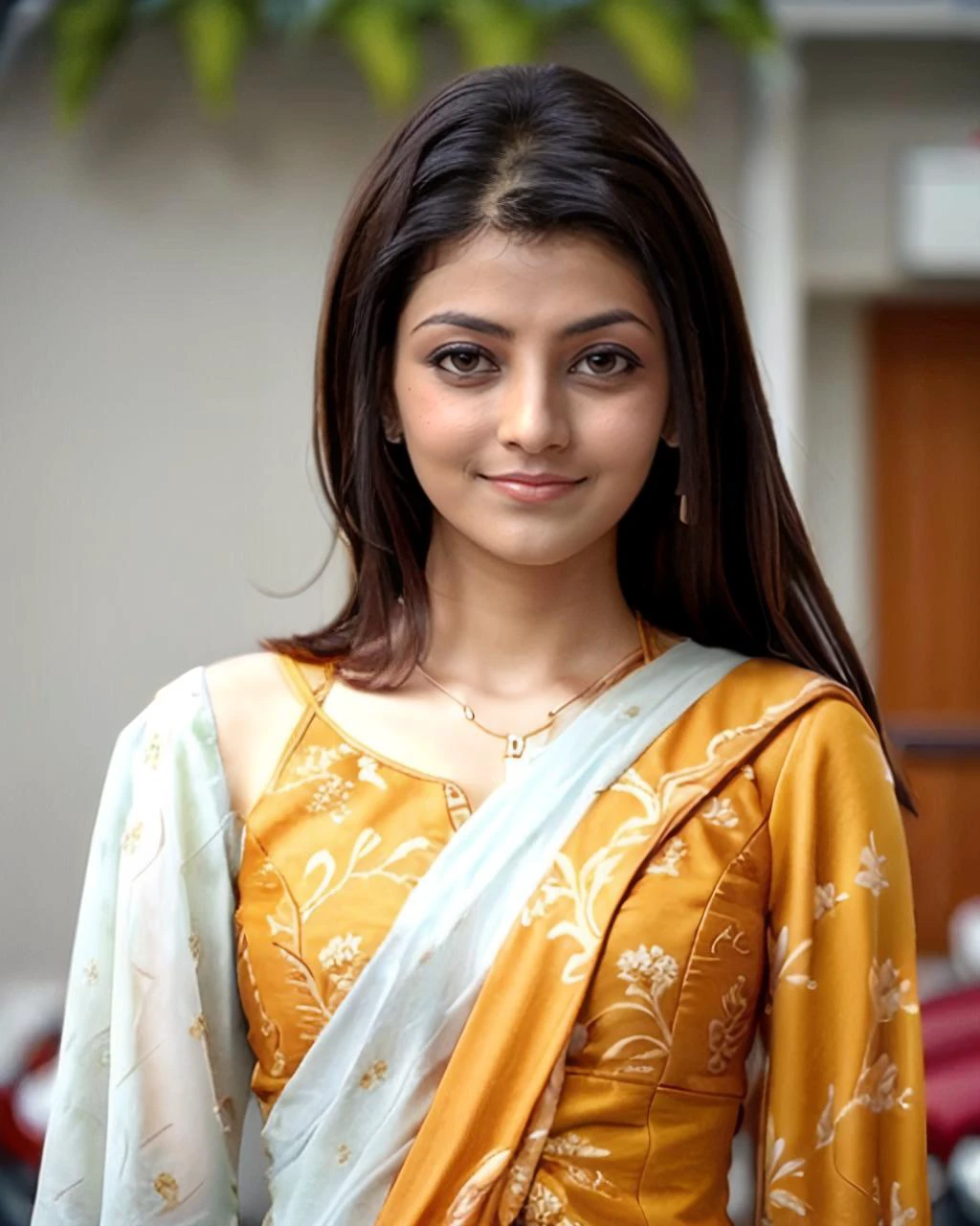 photo of kjag woman, conservatively dressed wearing high neck Ochre clothing, looking at camera, shy expression on face, simple background <lora:kjag_Kajal_Aggarwal_SD15_LoRA_prodigy_local_regs:1>
