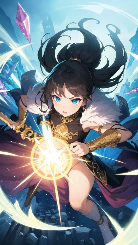 fantasy, illustration, determined, young girl, magical adventure, flowing outfit, intricate details, weapon, wand, sword, dynamic camera angle, action, mystical world, fantastical creatures, floating islands, glittering crystals, glowing portals, otherworldly atmosphere, creativity, epic image.