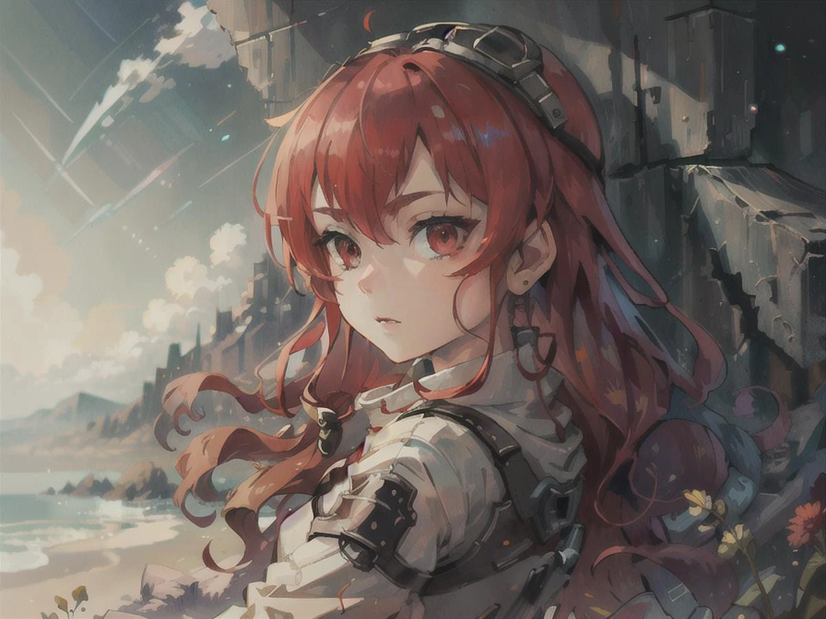 in the moon look back to the earth, galaxy background (masterpiece, sidelighting, finely detailed beautiful eyes: 1.2),Eris_Greyrat, red eyes, red hair <lora:erisGreyratYoungLORA_eris:0.7> AJAWS <lora:adamsArtworkStyle_v01:1>