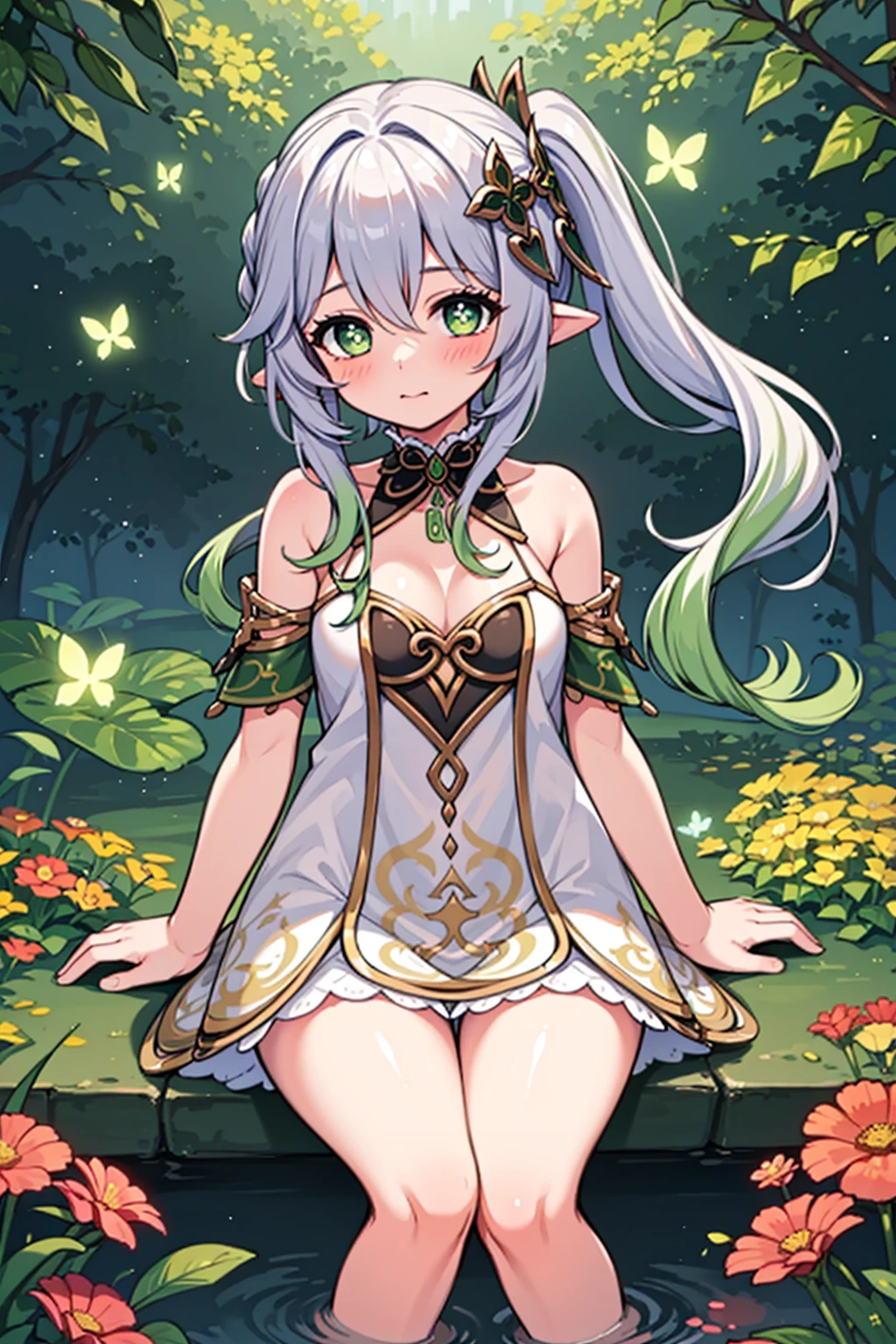 1girl, solo, full body, (masterpiece:1.21), (best quality:1.2), colorful, (illustration:1.2), (cinematic lighting:1.1), (bare shoulders:1.21), (collarbone:1.21)
<lora:yetAnotherNahidaGenshin_nahidav3:0.2> <lora:nahidaV10_v10:0.2> <lora:nahidaGenshinImpact_v10:0.2> <lora:nahidaGenshinImpact_nahidaGenshinImpact:0.2> <lora:nahidaGenshinImpact_1:0.2>
In this whimsical and fantastical garden, the scene is illuminated by a rainbow of (colorful fireflies), dancing and fluttering in the air. The garden is decorated by a gentle (drizzle), creating a misty and ethereal atmosphere. In the center of the scene, there is a single girl, an extremely delicate and beautiful girl, with cute features and an innocent expression. Her long hair is flowing with the wind. She is wearing no shoulder straps dress, which is ultra low cut, highlighting her delicate curves.
The lighting is very delicate and beautiful, creating a soft and warm glow that highlights the water, making it sparkle like diamonds. The finest grass is also illuminated, creating a lush and verdant carpet. The garden is surrounded by colorful flower fields, with blooms of every color and shape. (Colorful butterflies), of every shade and size, can be seen fluttering around the scene, adding to the overall sense of wonder and magic. (look ai viewer),A blush can be seen on her nose, and her mouth is slightly open, adding to the overall sense of innocence and youthfulness. Falling petals can be seen floating around her, adding to the overall sense of romance and beauty. A gentle wind is blowing through the scene, making the leaves rustle and the flowers sway, adding to the overall sense of movement and life. This is a scene of pure wonder and magic, filled with color and beauty, where the viewer can lose themselves in the enchanting and captivating world.