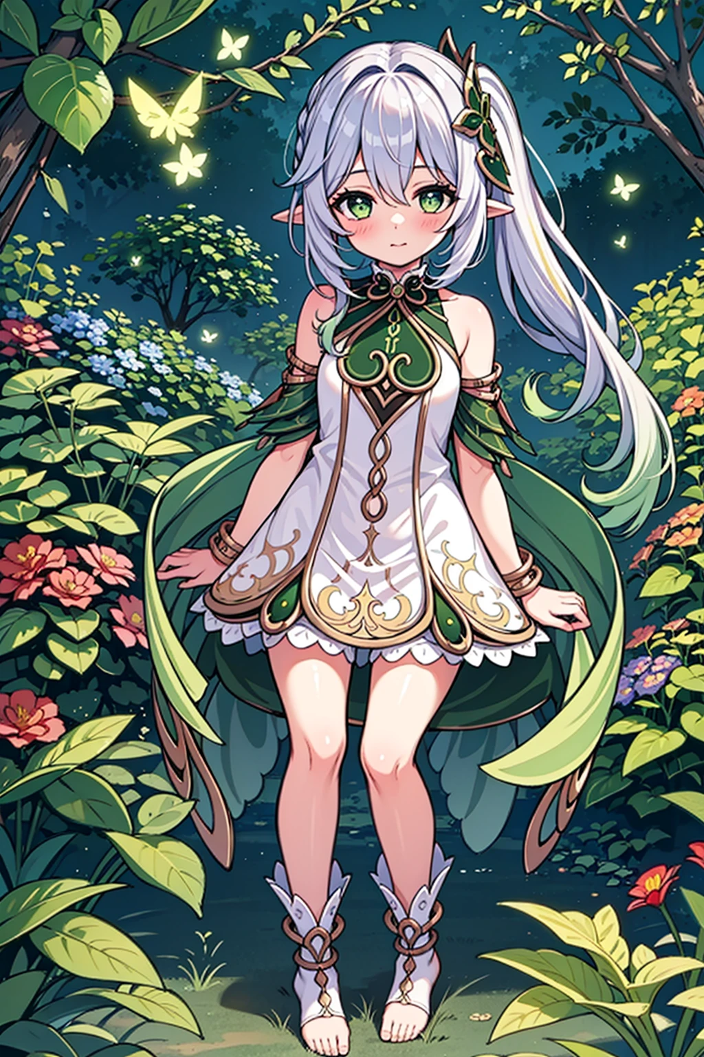 1girl, solo, full body, (masterpiece:1.21), (best quality:1.2), colorful, (illustration:1.2), (cinematic lighting:1.1), (bare shoulders:1.21), (collarbone:1.21)
<lora:yetAnotherNahidaGenshin_nahidav3:0.2> <lora:nahidaV10_v10:0.2> <lora:nahidaGenshinImpact_v10:0.2> <lora:nahidaGenshinImpact_nahidaGenshinImpact:0.2> <lora:nahidaGenshinImpact_1:0.2>
In this whimsical and fantastical garden, the scene is illuminated by a rainbow of (colorful fireflies), dancing and fluttering in the air. The garden is decorated by a gentle (drizzle), creating a misty and ethereal atmosphere. In the center of the scene, there is a single girl, an extremely delicate and beautiful girl, with cute features and an innocent expression. Her long hair is flowing with the wind. She is wearing no shoulder straps dress, which is ultra low cut, highlighting her delicate curves.
The lighting is very delicate and beautiful, creating a soft and warm glow that highlights the water, making it sparkle like diamonds. The finest grass is also illuminated, creating a lush and verdant carpet. The garden is surrounded by colorful flower fields, with blooms of every color and shape. (Colorful butterflies), of every shade and size, can be seen fluttering around the scene, adding to the overall sense of wonder and magic. (look ai viewer),A blush can be seen on her nose, and her mouth is slightly open, adding to the overall sense of innocence and youthfulness. Falling petals can be seen floating around her, adding to the overall sense of romance and beauty. A gentle wind is blowing through the scene, making the leaves rustle and the flowers sway, adding to the overall sense of movement and life. This is a scene of pure wonder and magic, filled with color and beauty, where the viewer can lose themselves in the enchanting and captivating world.