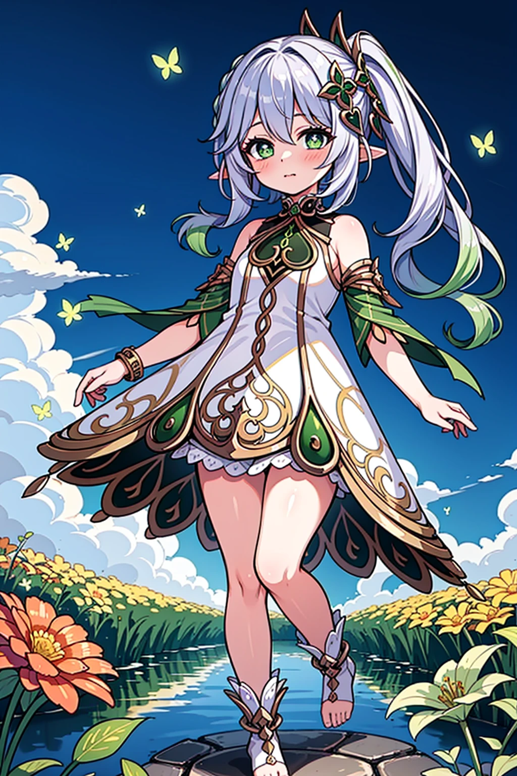 1girl, solo, full body, (masterpiece:1.21), (best quality:1.2), colorful, (illustration:1.2), (cinematic lighting:1.1), (bare shoulders:1.21), (collarbone:1.21)
<lora:yetAnotherNahidaGenshin_nahidav3:0.2> <lora:nahidaV10_v10:0.2> <lora:nahidaGenshinImpact_v10:0.2> <lora:nahidaGenshinImpact_nahidaGenshinImpact:0.2> <lora:nahidaGenshinImpact_1:0.2>
In this whimsical and fantastical garden, the scene is illuminated by a rainbow of (colorful fireflies), dancing and fluttering in the air. The garden is decorated by a gentle (drizzle), creating a misty and ethereal atmosphere. In the center of the scene, there is a single girl, an extremely delicate and beautiful girl, with cute features and an innocent expression. Her long hair is flowing with the wind. She is wearing no shoulder straps dress, which is ultra low cut, highlighting her delicate curves.
The lighting is very delicate and beautiful, creating a soft and warm glow that highlights the water, making it sparkle like diamonds. The finest grass is also illuminated, creating a lush and verdant carpet. The garden is surrounded by colorful flower fields, with blooms of every color and shape. (Colorful butterflies), of every shade and size, can be seen fluttering around the scene, adding to the overall sense of wonder and magic. (look ai viewer),A blush can be seen on her nose, and her mouth is slightly open, adding to the overall sense of innocence and youthfulness. Falling petals can be seen floating around her, adding to the overall sense of romance and beauty. A gentle wind is blowing through the scene, making the leaves rustle and the flowers sway, adding to the overall sense of movement and life. This is a scene of pure wonder and magic, filled with color and beauty, where the viewer can lose themselves in the enchanting and captivating world.