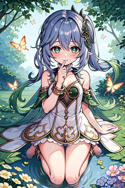 1girl, solo, full body, (masterpiece:1.21), (best quality:1.2), colorful, (illustration:1.2), (cinematic lighting:1.1), (bare shoulders:1.21), (collarbone:1.21)
<lora:yetAnotherNahidaGenshin_nahidav3:0.2> <lora:nahidaV10_v10:0.2> <lora:nahidaGenshinImpact_v10:0.2> <lora:nahidaGenshinImpact_nahidaGenshinImpact:0.2> <lora:nahidaGenshinImpact_1:0.2>
In this whimsical and fantastical garden, the scene is illuminated by a rainbow of (colorful fireflies), dancing and fluttering in the air. The garden is decorated by a gentle (drizzle), creating a misty and ethereal atmosphere. In the center of the scene, there is a single girl, an extremely delicate and beautiful girl, with cute features and an innocent expression. Her long hair is flowing with the wind. She is wearing no shoulder straps dress, which is ultra low cut, highlighting her delicate curves.
The lighting is very delicate and beautiful, creating a soft and warm glow that highlights the water, making it sparkle like diamonds. The finest grass is also illuminated, creating a lush and verdant carpet. The garden is surrounded by colorful flower fields, with blooms of every color and shape. (Colorful butterflies), of every shade and size, can be seen fluttering around the scene, adding to the overall sense of wonder and magic. (look ai viewer),A blush can be seen on her nose, and her mouth is slightly open, adding to the overall sense of innocence and youthfulness. Falling petals can be seen floating around her, adding to the overall sense of romance and beauty. A gentle wind is blowing through the scene, making the leaves rustle and the flowers sway, adding to the overall sense of movement and life. This is a scene of pure wonder and magic, filled with color and beauty, where the viewer can lose themselves in the enchanting and captivating world.