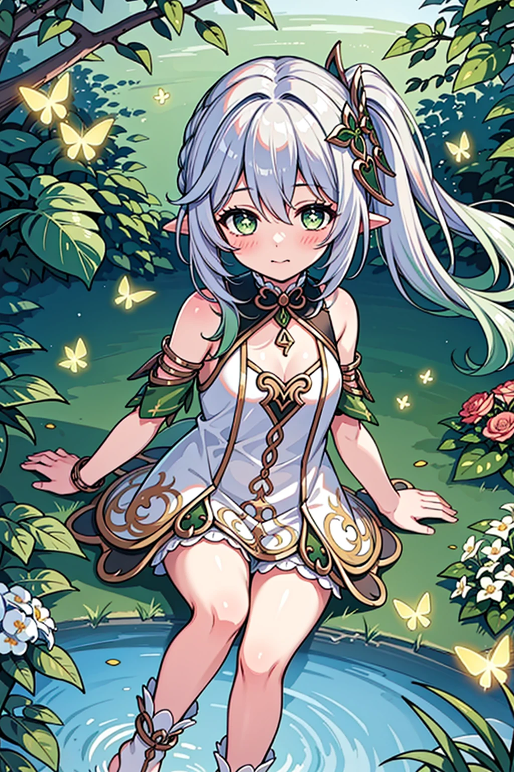 1girl, solo, full body, (masterpiece:1.21), (best quality:1.2), colorful, (illustration:1.2), (cinematic lighting:1.1), (bare shoulders:1.21), (collarbone:1.21)
<lora:yetAnotherNahidaGenshin_nahidav3:0.2> <lora:nahidaV10_v10:0.2> <lora:nahidaGenshinImpact_v10:0.2> <lora:nahidaGenshinImpact_nahidaGenshinImpact:0.2> <lora:nahidaGenshinImpact_1:0.2>
In this whimsical and fantastical garden, the scene is illuminated by a rainbow of (colorful fireflies), dancing and fluttering in the air. The garden is decorated by a gentle (drizzle), creating a misty and ethereal atmosphere. In the center of the scene, there is a single girl, an extremely delicate and beautiful girl, with cute features and an innocent expression. Her long hair is flowing with the wind. She is wearing no shoulder straps dress, which is ultra low cut, highlighting her delicate curves.
The lighting is very delicate and beautiful, creating a soft and warm glow that highlights the water, making it sparkle like diamonds. The finest grass is also illuminated, creating a lush and verdant carpet. The garden is surrounded by colorful flower fields, with blooms of every color and shape. (Colorful butterflies), of every shade and size, can be seen fluttering around the scene, adding to the overall sense of wonder and magic. (look ai viewer),A blush can be seen on her nose, and her mouth is slightly open, adding to the overall sense of innocence and youthfulness. Falling petals can be seen floating around her, adding to the overall sense of romance and beauty. A gentle wind is blowing through the scene, making the leaves rustle and the flowers sway, adding to the overall sense of movement and life. This is a scene of pure wonder and magic, filled with color and beauty, where the viewer can lose themselves in the enchanting and captivating world.
