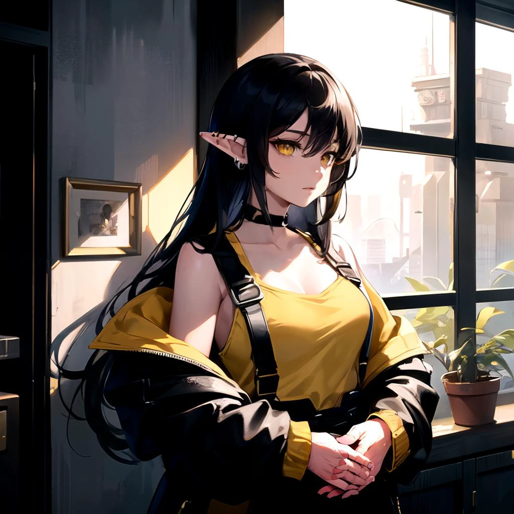 ear piercing, a female elf in a yellow tanktop and black jacket and overalls standing in front of a window with a plant in the corner, long black hair, yellow eyes, Fan Qi, soft lighting, a character portrait, fantasy art,(best quality, highres, masterpiece:1.2)