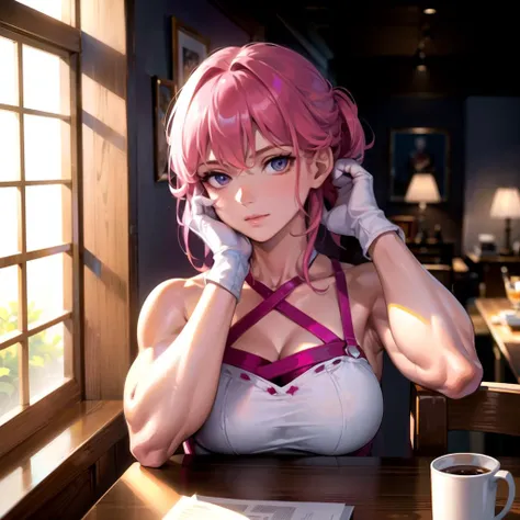 a muscular woman sitting at a table with a cup of coffee and a book in front of her, with a window behind her, pink hair and white gloves, white top with pink straps, Constance Gordon-Cumming, soft lighting, a character portrait, sots art