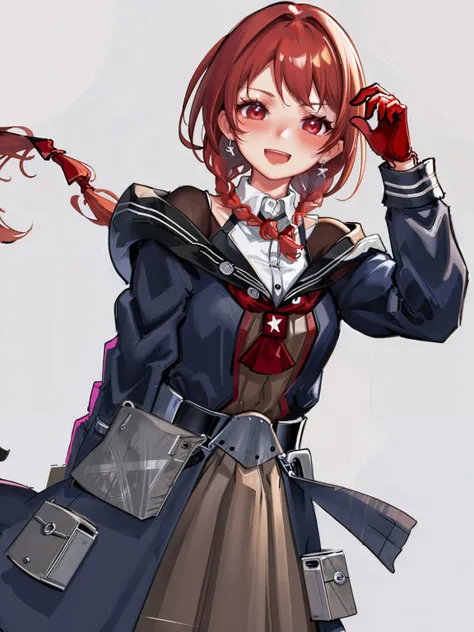 nevada \(kancolle\), 1girl, solo, gloves, simple background, white gloves, smile, open mouth, twin braids, looking at viewer, dress, sailor collar, blush, white background, long sleeves, bangs, holding, grey dress, :d, grey background, hand up, belt, jewelry, earrings, breasts, jacket, coat, original, intricate detail, illustration, masterpiece, extremely detailed CG unity 8k wallpaper, highlight, sharpening, dynamic, <lora:Nevada:0.8>