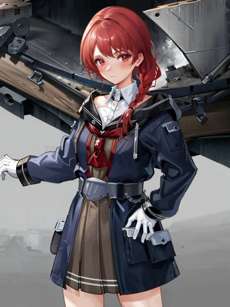 nevada \(kancolle\), 1girl, solo, gloves, white background, white gloves, belt, dress, military, looking at viewer, simple background, blush, uniform, long sleeves, cross, jacket, grey dress, hand on hip, closed mouth, shirt, military uniform, bangs, grey jacket, neckerchief, white shirt, original, intricate detail, illustration, masterpiece, extremely detailed CG unity 8k wallpaper, highlight, sharpening, dynamic, <lora:Nevada:0.8>