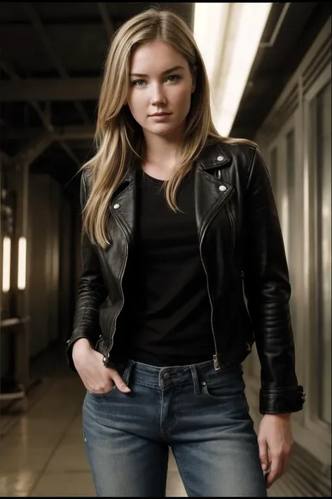 photo of J3w3ll_HM-130, a woman, perfect hair, (modern photo), wearing black jeans and motojacket, 70mm standard, (analog, cinematic, film grain:1.3), Rover Repair Station, Facility for Mars rover maintenance, diagnostics, spare parts, and testing., detailed eyes, professional pose, (epiCPhoto), (looking at viewer:1.1), (cinematic shot:1.3), (broad style lighting), <lora:add_detail:0.5>