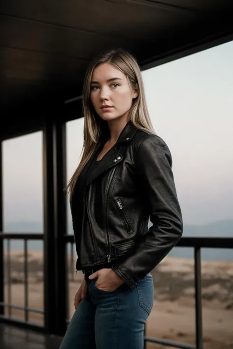 photo of J3w3ll_HM-130, a woman, perfect hair, (modern photo), wearing black jeans and motojacket, 135mm short telephoto, (analog, cinematic, film grain:1.3), Mars Terraforming Site, Area for Mars terraforming with technologies to transform the planet's environment., detailed eyes, professional pose, (epiCPhoto), (looking at viewer:1.1), (cinematic shot:1.3), (soft style lighting), <lora:add_detail:0.5>
