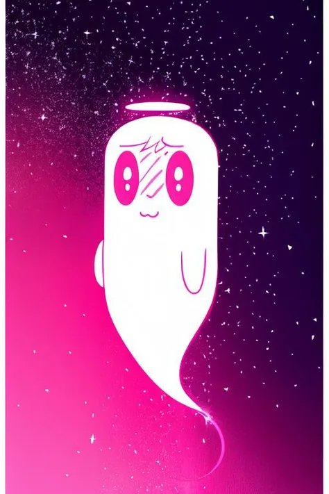 ghost, pink outline, pink theme, pink eyes, (white pupils:1.2), blush, (full body:1.2), no humans, kiwighost, white background, monochrome, short hair, angelic halo, sparkle trail, floating <hypernet:kiwighost:0.75>
